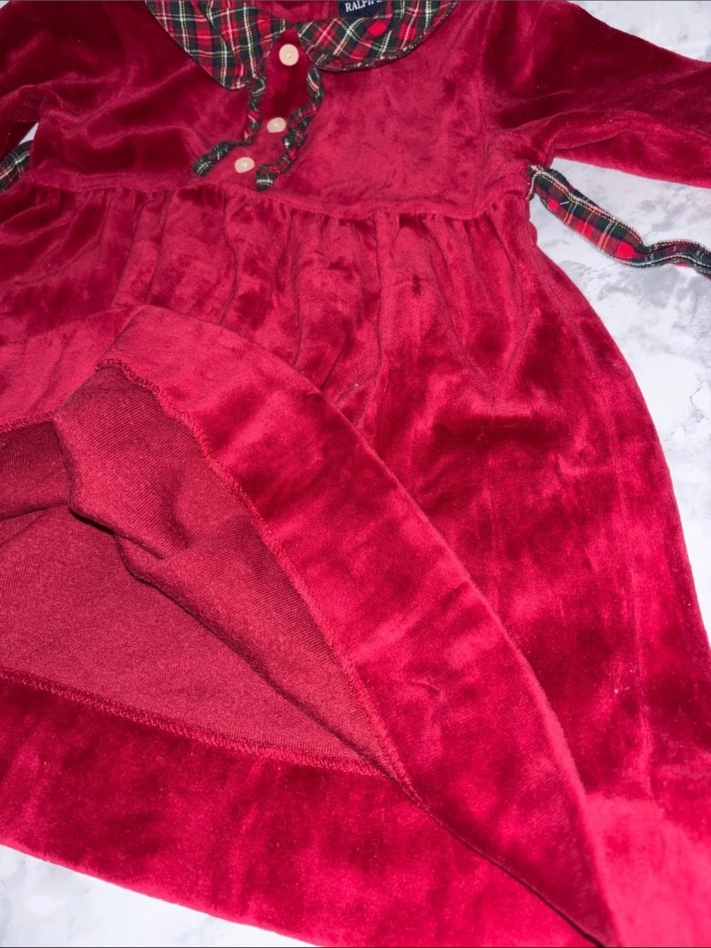 Ralph Lauren Red Velvet Dress with Tartan Trim